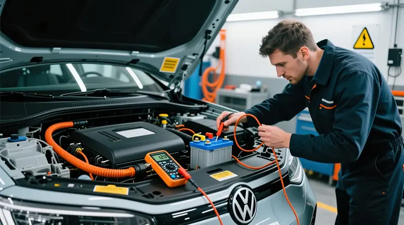 12V auxiliary akumulatora diagnostika Volkswagen ID.4 elektromobilī ar digitālo multimetru - kritiskā zemsprieguma sistēmas pārbaude EV