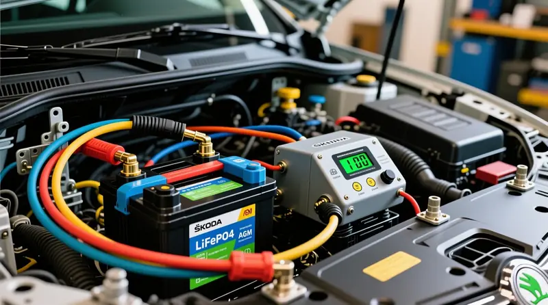 AGM un LiFePO4 papildu akumulatori Škoda Kodiaq ar dual battery kontrolieri un barošanas pārvaldības sistēmu