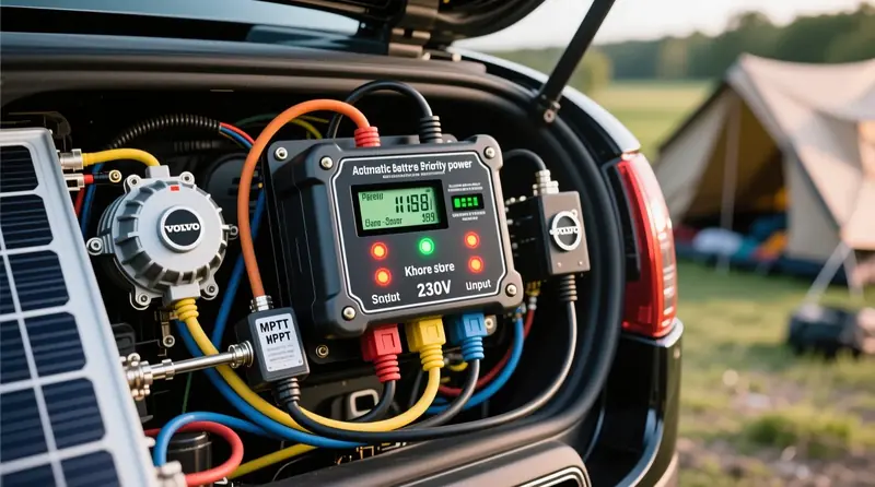 Akumulatoru uzlādes kontrolieris ar automātisku avotu prioritāti Volvo XC90 - ģenerators, saules paneļi, krasta barošana