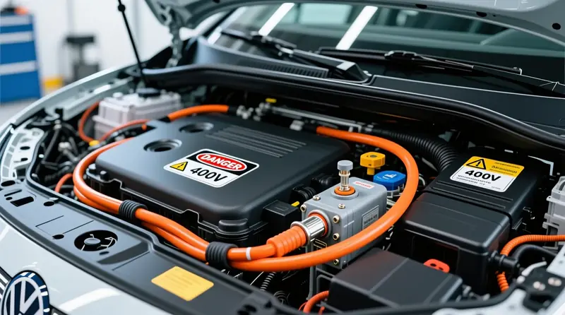 Augstsprieguma aizsardzības sistēma elektromobilī ar HV drošinātājiem un service disconnect mehānismu Volkswagen ID vai Škoda Enyaq modelī