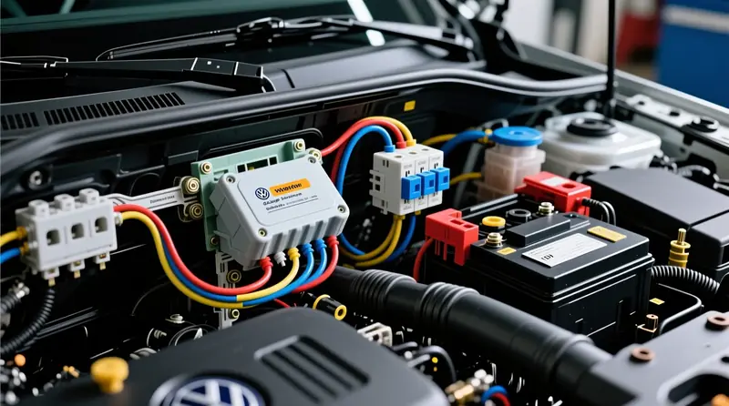 Pārsprieguma aizsardzības moduļi un battery isolator uzstādīti Volkswagen auto elektrosistēmā ar pareizu vadu shēmu