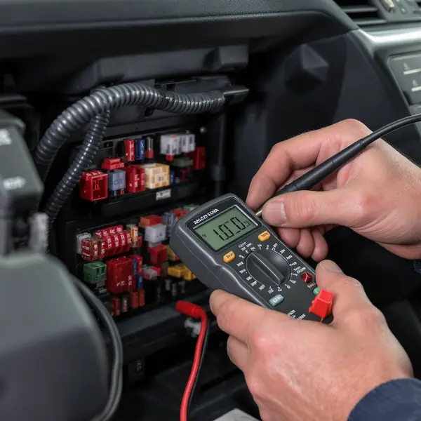 Auto elektroinstalācijas diagnostika ar multimetru pie Volkswagen drošinātāju bloka, kas palīdz novērst biežākās elektrosistēmas problēmas