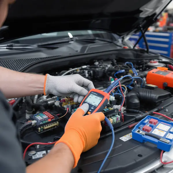 Auto elektrosistēmas drošības pārbaude, tehniķis testē Mercedes-Benz releju paneli ar specializētu diagnostikas aprīkojumu