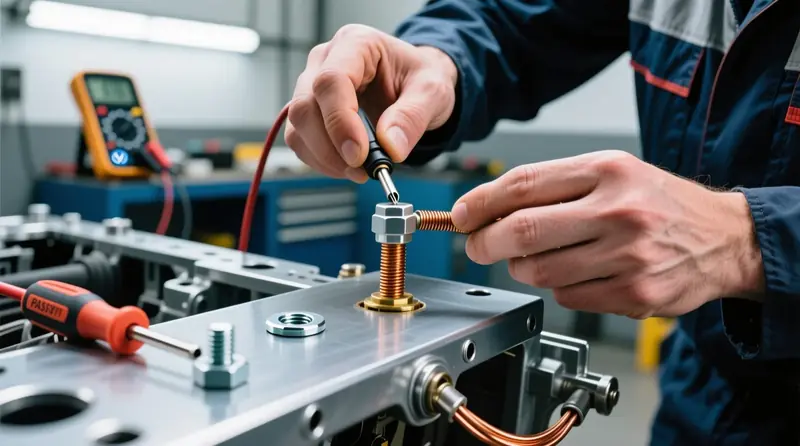Auto elektroinstalācijas masas punkta pareiza uzstādīšana uz Volkswagen transportlīdzekļa ķermeņa ar atbilstošiem savienojumiem un instrumentiem