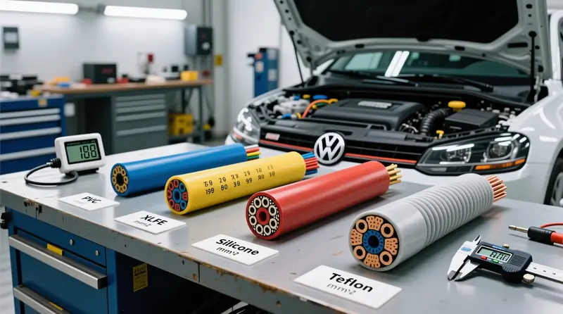 Četru auto vadu izolācijas tipu salīdzinājums - PVC, XLPE, silikona un Teflon vadi ar temperatūras un šķērsgriezuma specifikācijām