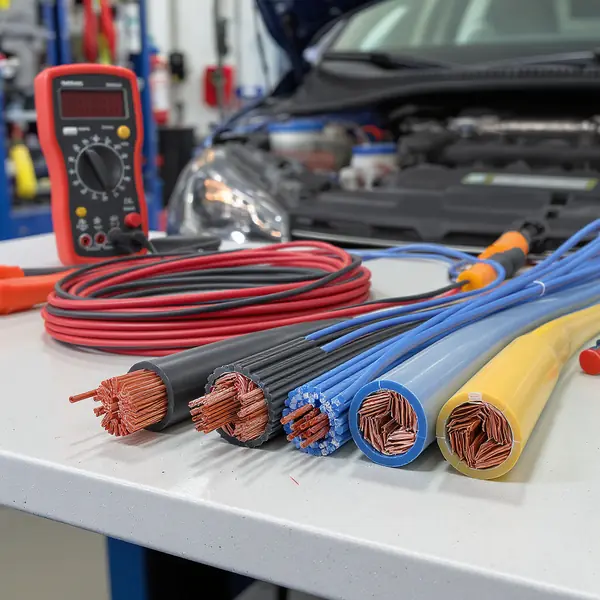 Dažādu šķērsgriezumu auto elektroinstalācijas vadi un instrumenti Volkswagen dzinēja nodalījumā