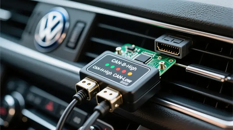 CAN-bus dekodētājs uzstādīts Volkswagen premium automašīnā ar redzamiem savienojumu portiem un diagnostikas adapteri OEM integrācijai