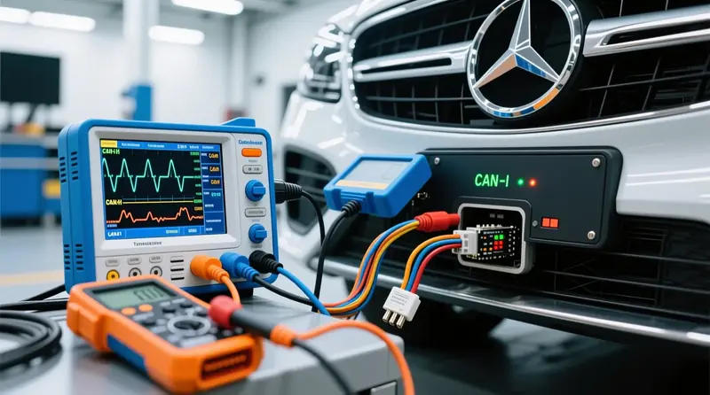 CAN-bus komunikācijas diagnostika ar osciloskopa un multimetra pielietojumu premium automašīnā, signālu kvalitātes mērīšana un terminācijas rezistoru pārbaude