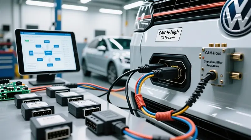 Vairāku CAN-bus moduļu profesionāla integrācija Volkswagen automašīnā ar redzamiem dekodētājiem un terminācijas rezistoriem