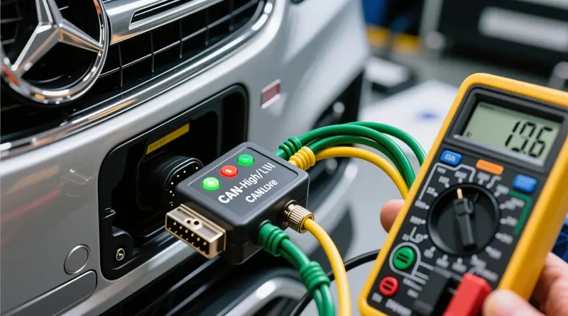 CAN-bus protokolu identificēšana ar diagnostikas iekārtu premium Eiropas automašīnā, redzami CAN-High un CAN-Low vadi