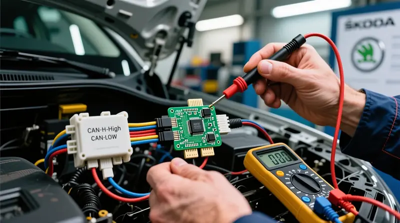 CAN-bus signālu pārslēdzēja profesionāla uzstādīšana Škoda Kodiaq ar redzamu CAN-High un CAN-Low kabeļu savienojumu ar OEM sistēmu