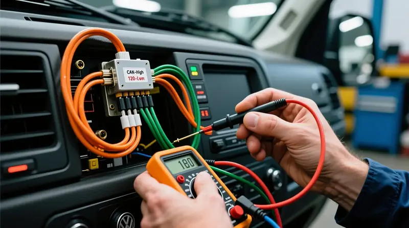 CAN-bus vadu bojājumu diagnostika un terminācijas rezistoru pārbaude ar multimetru profesionālā auto elektriķa veiktā OEM integrācijas procedūrā