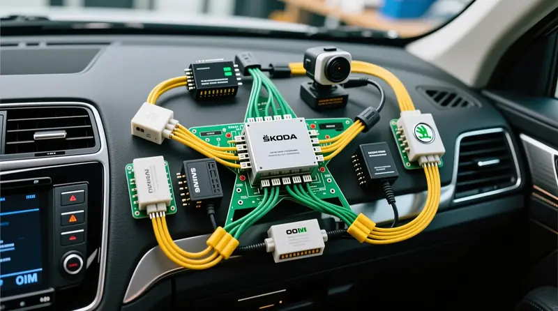 CAN-bus zvaigznes topoloģijas instalācija Škoda Kodiaq ar vairākiem OEM integrācijas moduļiem un signālu pārslēdzējiem