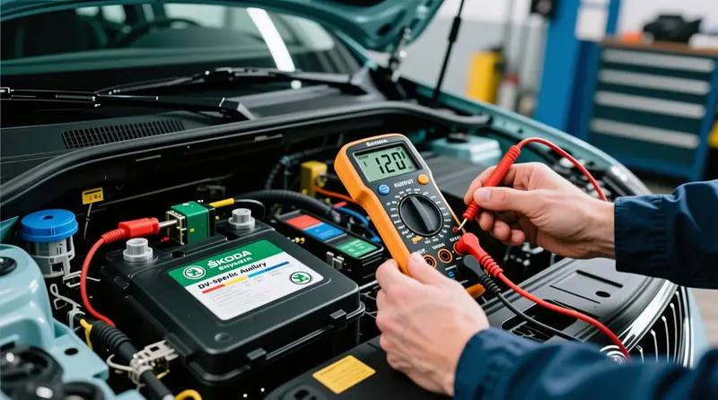 DC-DC konverteru diagnostika Škoda Enyaq iV elektroauto ar multimetru - sprieguma mērīšana 12V sistēmā