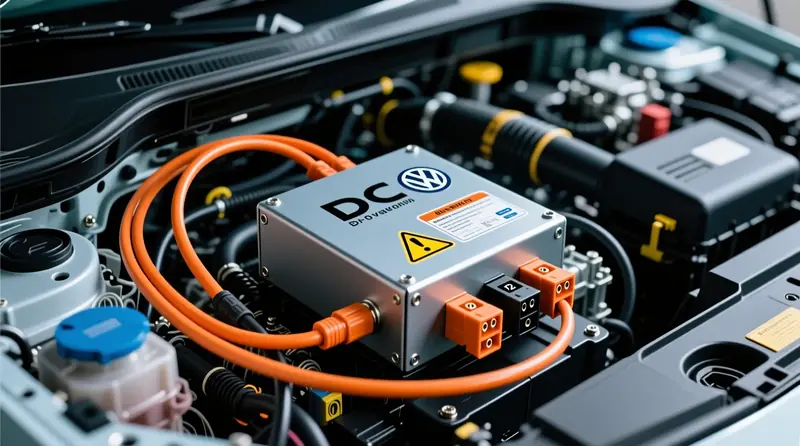 DC-DC konverteris Volkswagen ID.4 elektroautomobilī ar augstsprieguma savienojumiem un 12V barošanas termināliem