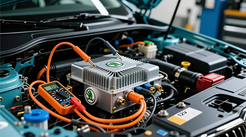 DC-DC konvertera pārbaude Škoda Enyaq iV - 12V auxiliary sistēmas uzlādes diagnostika elektromobilī ar voltmetra testēšanu
