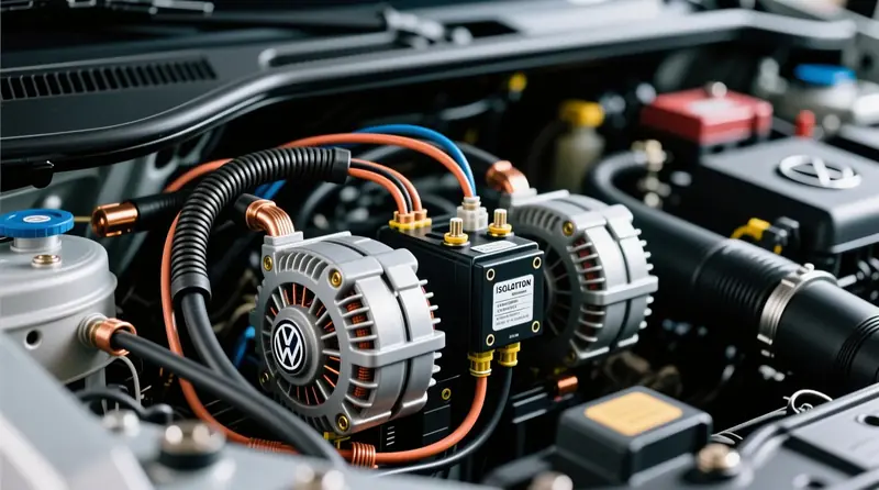 Dual alternatoru sistēma ar izolācijas relejiem un aizsardzības diodēm uz Eiropas kravas automašīnas dzinēja nodalījuma