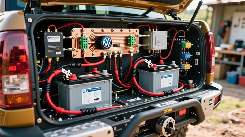 Dual battery sistēma ar strāvas sliedēm un sadales blokiem Eiropas off-road transportlīdzeklī profesionālai elektroinstalācijai