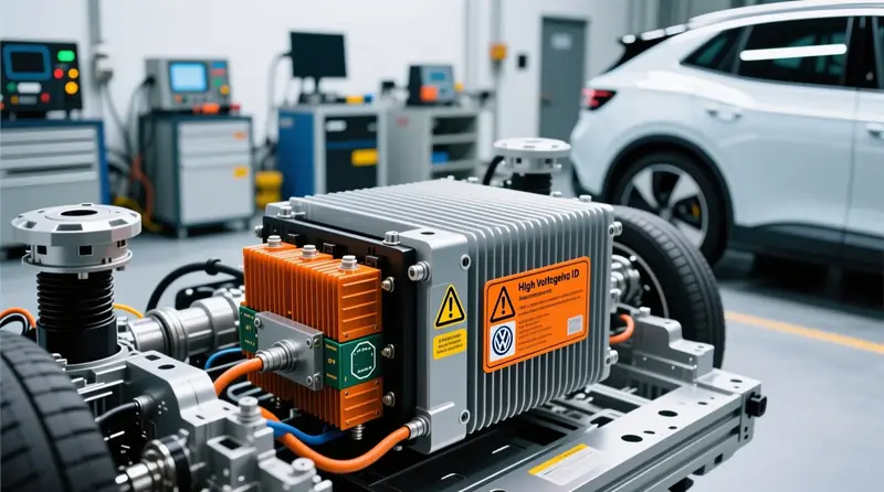 Elektromobīļa augstsprieguma inverteru sistēma ar drošības brīdinājumiem un diagnostikas aprīkojumu Volkswagen ID modelī