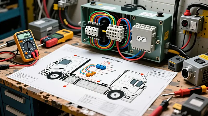 Detalizēta elektroinstalācijas shēma slēdžu panelim ar atpakaļgaitas aizsardzību 24V Volvo kravas automobilī ar pareizu releju un drošinātāju izvietojumu