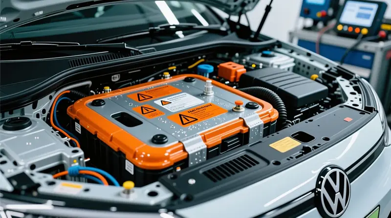 Elektromobiļa augstsprieguma baterijas hermētiskuma un mitruma diagnostikas punkti uz Volkswagen ID.4 ar redzamiem blīvējumiem un ventilācijas sistēmu