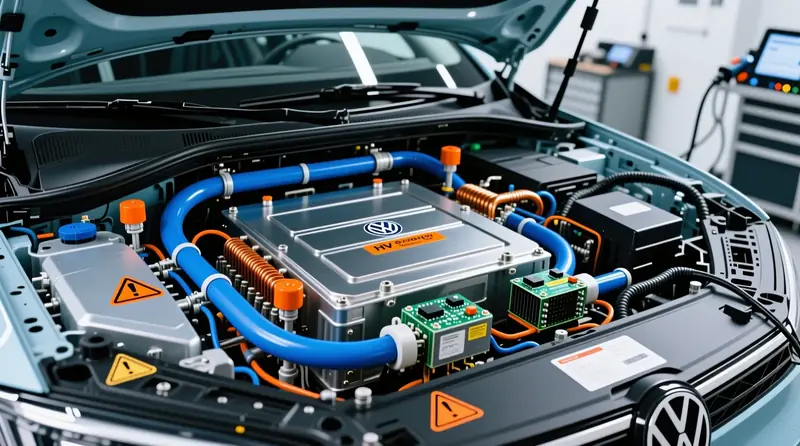 Elektromobiļa augstsprieguma baterijas termiskās vadības sistēmas komponenti ar dzesēšanas kontūriem un sensoriem Eiropas EV modelī