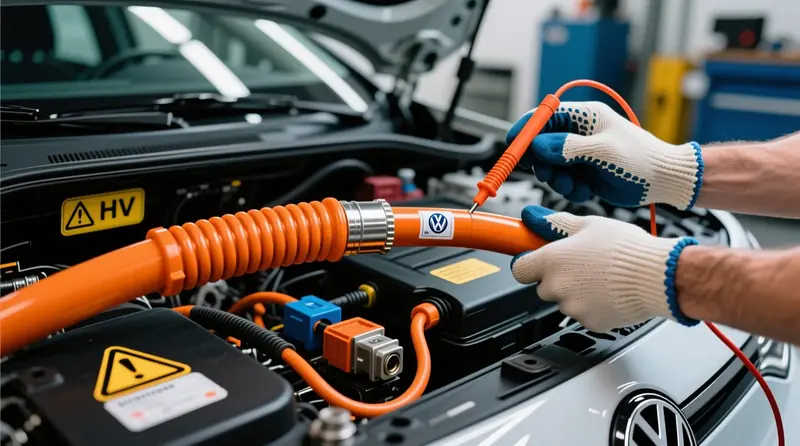 Augstsprieguma kabeļu ekranēšanas diagnostika Volkswagen ID elektromobilī ar oranžiem HV vadiem un drošības brīdinājuma etiķetēm