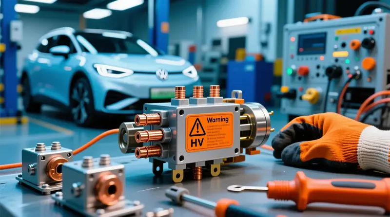 Augstsprieguma kontaktoru diagnostika elektromobilī Volkswagen ID.4 ar redzamām HV drošības etiķetēm un kontaktu mezgliem