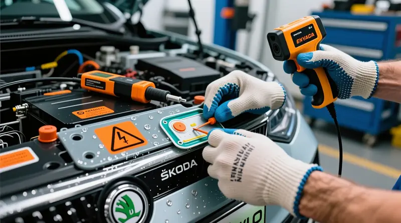 EV baterijas blīvējumu integritātes pārbaude un mitruma detektēšana uz Škoda Enyaq elektromobiļa ar profesionāliem diagnostikas instrumentiem
