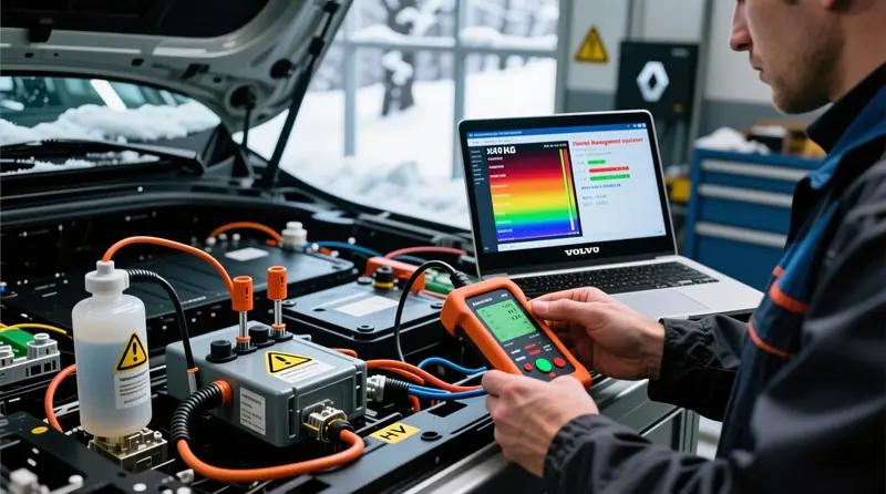 EV baterijas termiskās vadības sistēmas diagnostika ar profesionālu skaneri Eiropas elektromobilī ziemas apstākļos