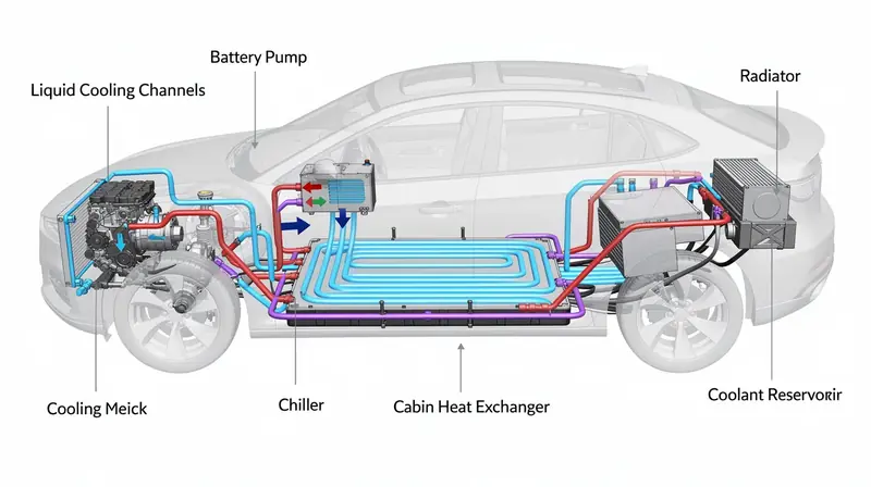 Elektroauto termiskās vadības sistēma — dzesēšanas kontūri baterijā, inverterā un motorā