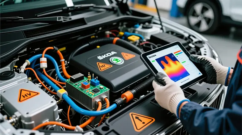 EV inverteru dzesēšanas sistēmas pārbaude elektromobilī ar diagnostikas aprīkojumu un termālajiem sensoriem