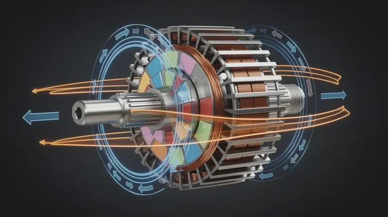 PMSM elektromotora šķērsgriezums ar pastāvīgajiem magnētiem un reģeneratīvās bremzēšanas enerģijas plūsmu