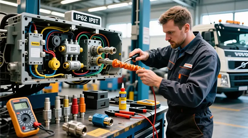 IP67 ūdensizturīgi savienotāji un savienojumu aizsardzība Volvo komerciālā transportlīdzekļa elektroinstalācijas restaurācijā ar termosarauktām caurulēm
