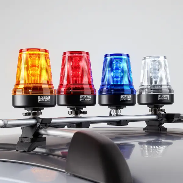LED bākuguns krāsu salīdzinājums - dzeltenie, sarkanie, zilie un caurspīdīgie emergency beacon sistēmas