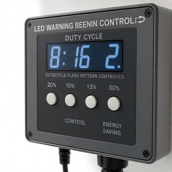LED beacon duty cycle optimizācijas vadības bloks ar enerģijas taupīšanas iestatījumiem un flash pattern kontroli