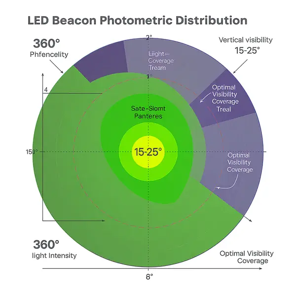 LED beacon fotometriskā sadalījuma tehniskā diagramma ar vertikālo staru leņķi 15-25 grādi un intensitātes mērījumiem emergency lighting aplikācijām