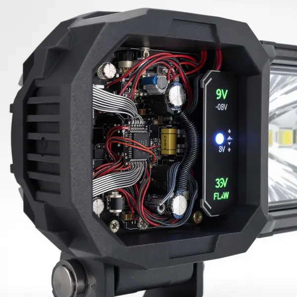 Buck-boost sprieguma regulācijas sistēma LED darba lukturos ar 9-32V darbības diapazonu