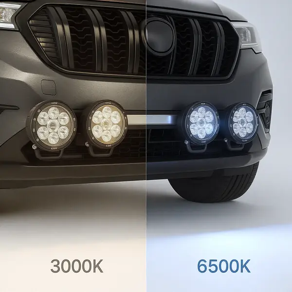 LED palīgapgaismes dažādu Kelvinu temperatūru salīdzinājums uz SUV automobiļa, rādot krāsas stabilitātes nozīmi