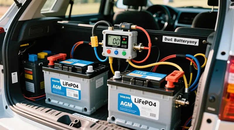 LiFePO4 un AGM dual battery sistēma ar temperatūras kompensācijas sensoriem Volvo apvidus auto ekspedīciju uzstādījumā