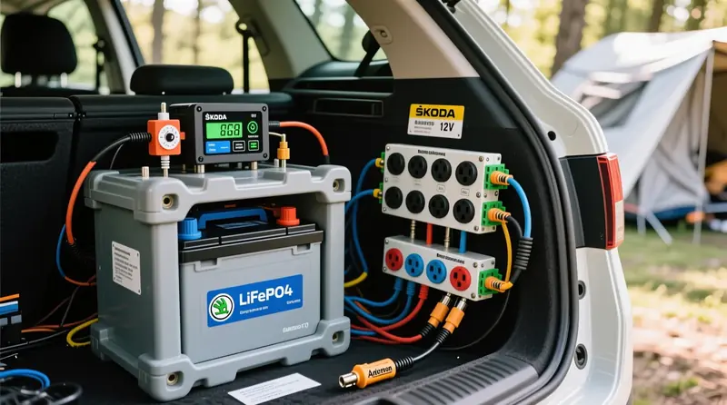 LiFePO4 papildu akumulators ar barošanas pārvaldības sistēmu un dual battery kontrolieri Škoda Kodiaq kempinga automašīnā