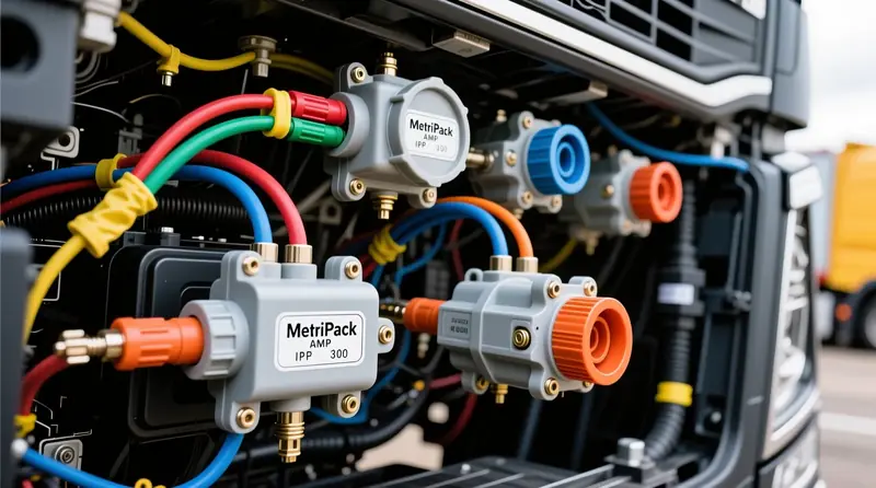 Metri-Pack un AMP hermētiski savienotāji Volvo FH kravas auto elektroinstalācijā ar aizsardzību pret mitrumu un vibrācijām