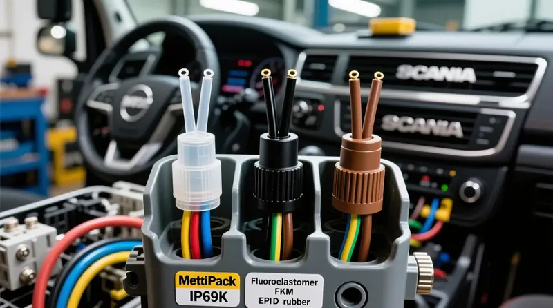 Silikona, EPDM un fluoroelastomēru vadu blīvējumu materiālu salīdzinājums Metri-Pack un Deutsch savienotājos kravas auto elektrosistēmā