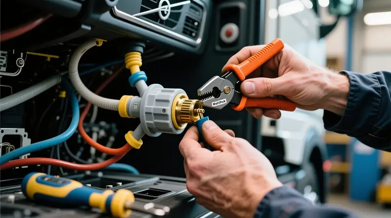 Auto elektriķis uzstāda IP67 Metri-Pack hermētisko savienotāju Volvo FH kravas automašīnas elektroinstalācijā ar pareizu krimpēšanas tehniku