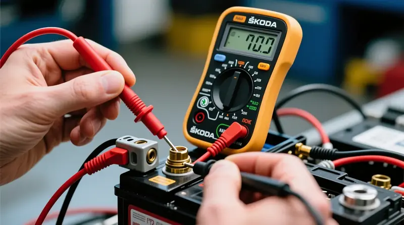 Multimetra izmantošana akumulatora spailu sprieguma krituma mērīšanai Škoda automašīnā elektrodrošības diagnostikai