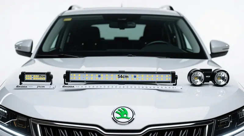 LED papildlukturi izmēru salīdzinājums - 21cm, 54cm un apaļie lukturi uz Škoda Kodiaq