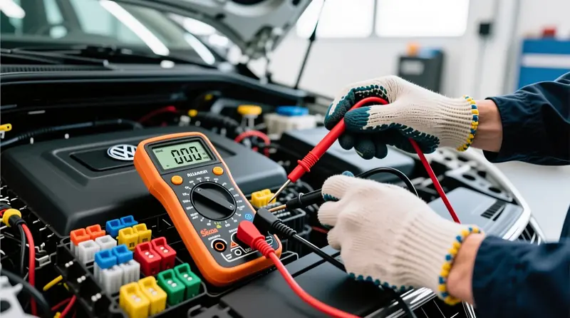 Parazītiskā strāvas patēriņa mērīšana ar digitālo multimetru Eiropas auto drošinātāju blokā - elektrodrošības diagnostikas process