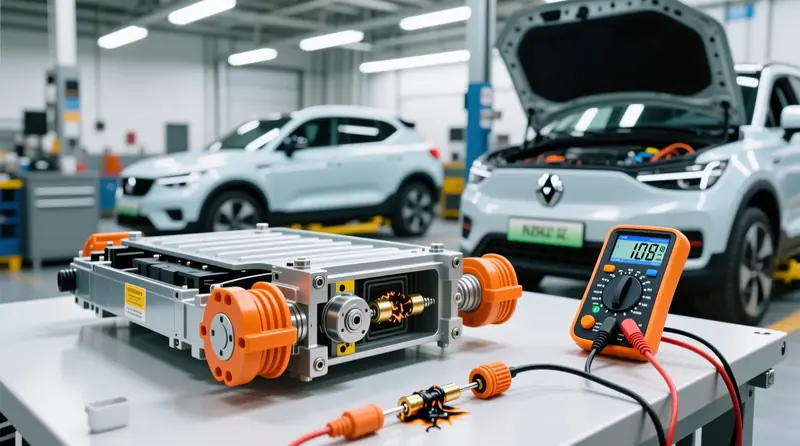 Pyro drošinātāju un service disconnect komponentes no elektromobiļa HV sistēmas ar diagnostikas instrumentiem Eiropas EV servisā