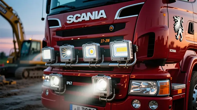 Scania kravas automašīna ar dažādiem 27-28W LED lukturiem, demonstrējot gaismas leņķu atšķirības būvlaukumā
