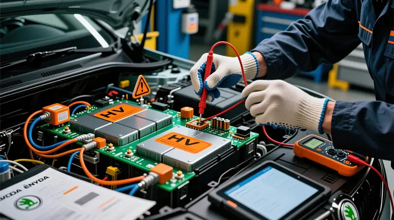 Škoda Enyaq iV augstsprieguma baterijas šūnu sprieguma mērīšana - BMS diagnostika un balansēšanas pārbaude elektromobīlī